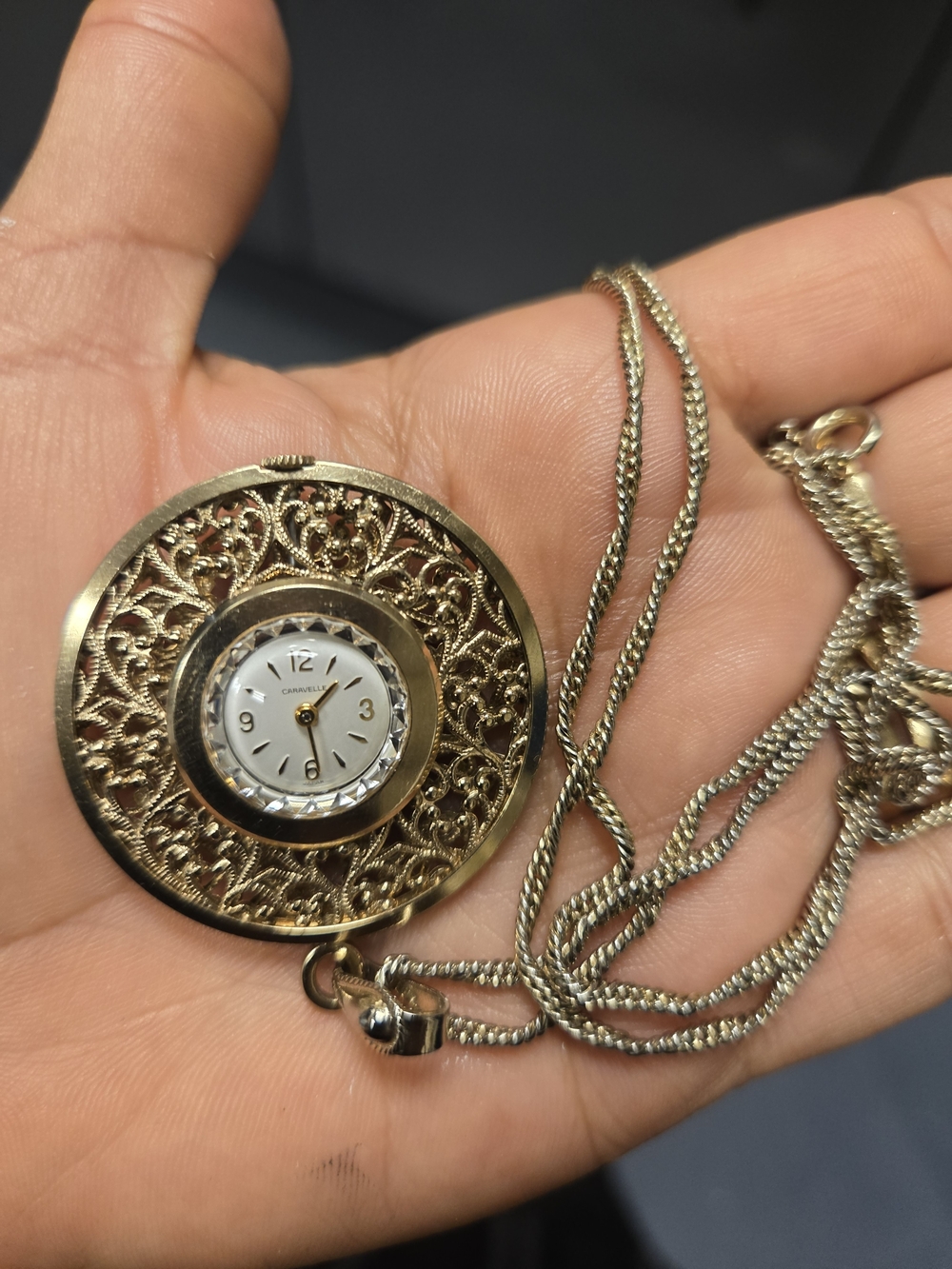 Gold Filigree Pendant Watch Necklace - Women's Gold Tone